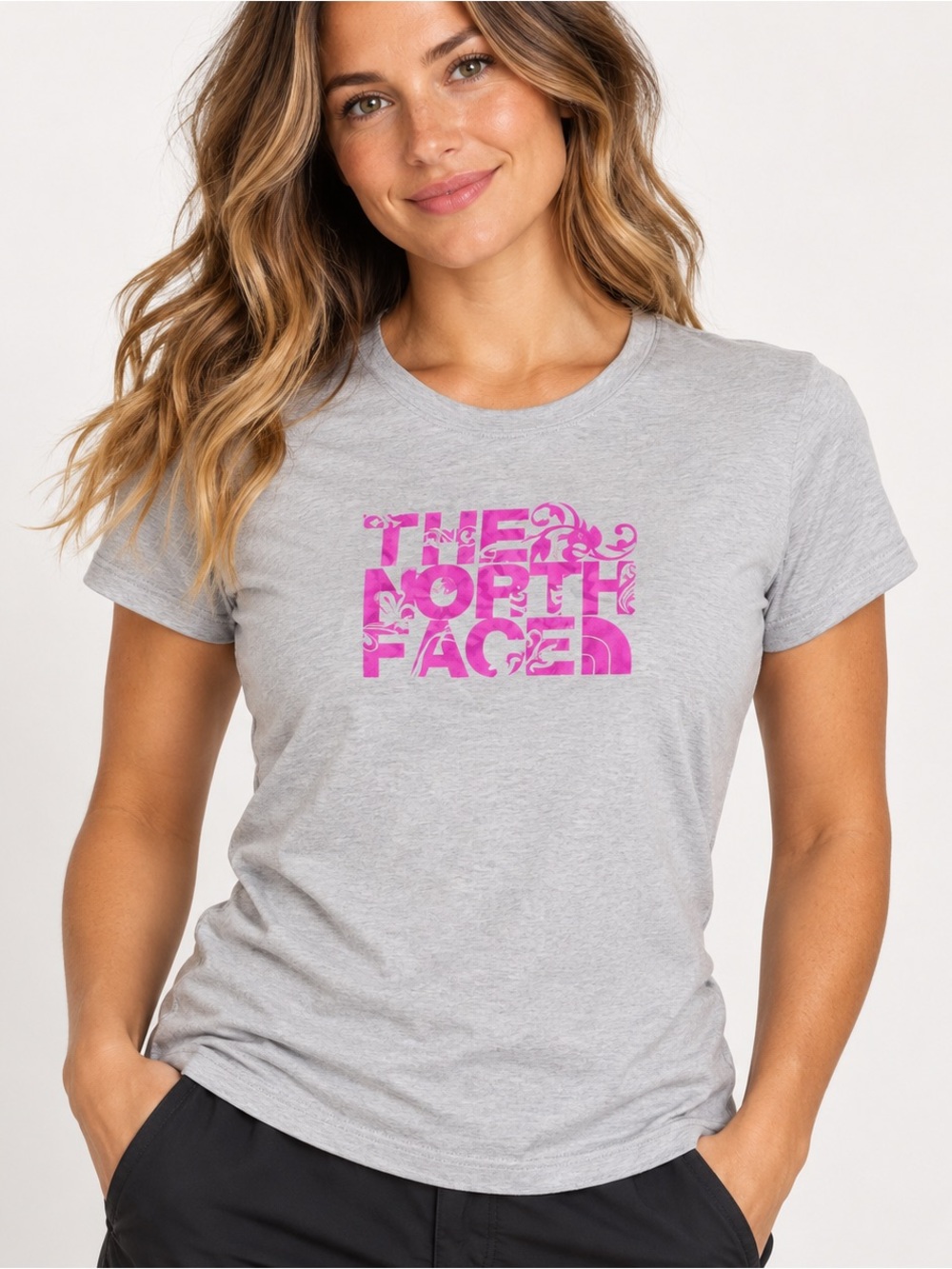 The North Face T Shirt Women’s Medium Gray Pink Logo Graphic Short Sleeve Tee